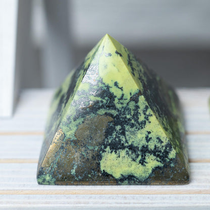 Serpentine with Pyrite Pyramid, Polished Serpentine Crystal Pyramid, Natural Stone Specimen, Crystal Decor & Gift