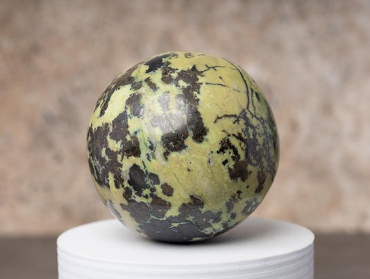Serpentine with Pyrite Sphere with Wooden Stand, Polished Serpentine Crystal Ball, Natural Stone Specimen, Crystal Decor & Gift, Choose Size