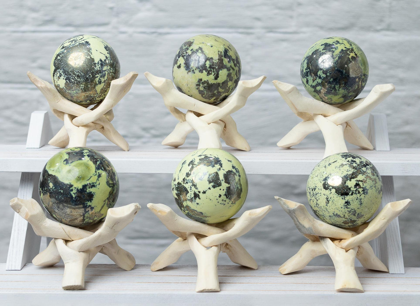 Serpentine with Pyrite Sphere with Wooden Stand, Polished Serpentine Crystal Ball, Natural Stone Specimen, Crystal Decor & Gift, Choose Size
