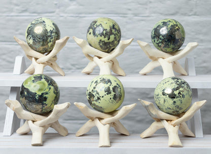 Serpentine with Pyrite Sphere with Wooden Stand, Polished Serpentine Crystal Ball, Natural Stone Specimen, Crystal Decor & Gift, Choose Size