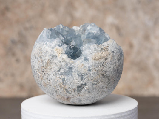 Celestite Cluster Sphere with Stand, Raw Crystal Geode Ball, Natural Mineral Specimen, Craft Supply, Collector Gift, Choose Your Size