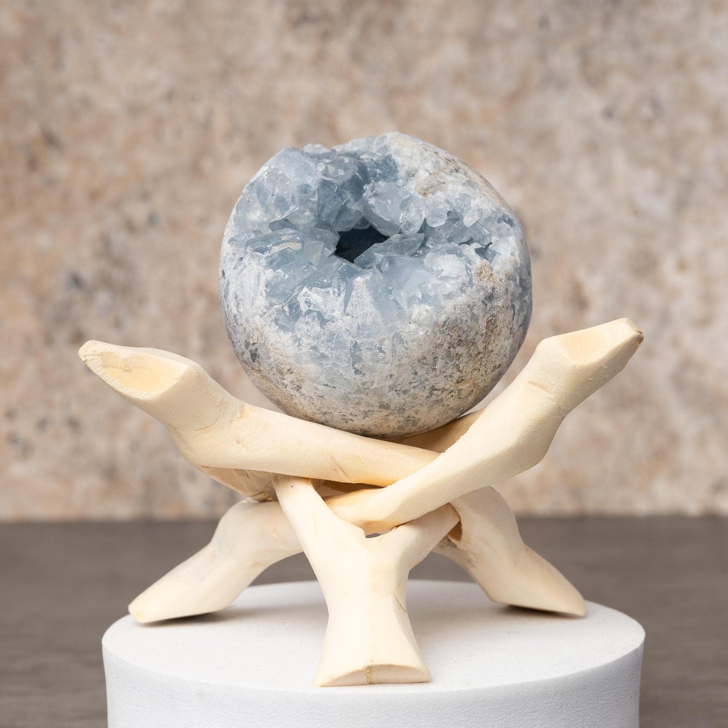 Celestite Cluster Sphere with Stand, Raw Crystal Geode Ball, Natural Mineral Specimen, Craft Supply, Collector Gift, Choose Your Size