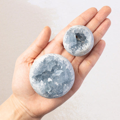 Celestite Cluster Sphere with Stand, Raw Crystal Geode Ball, Natural Mineral Specimen, Craft Supply, Collector Gift, Choose Your Size