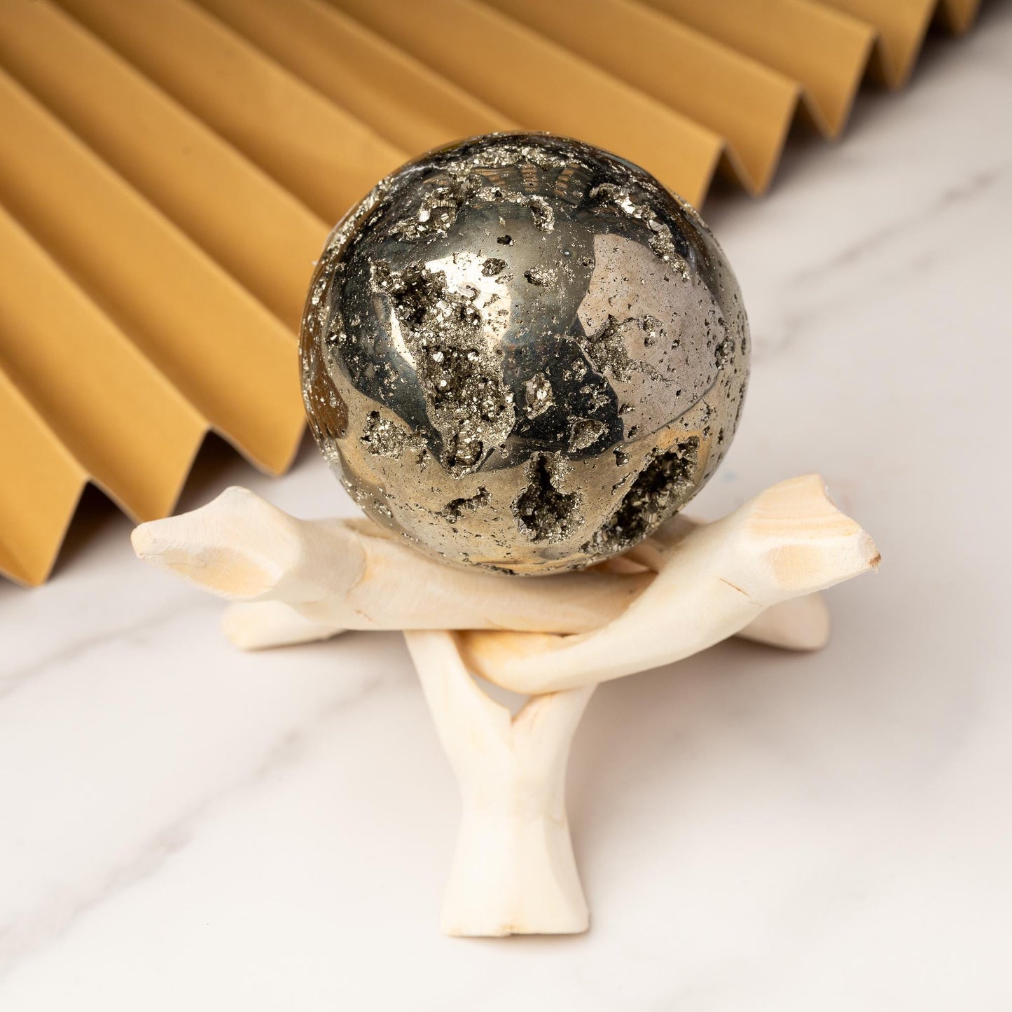 Pyrite Sphere with Stand, Polished Golden Crystal Ball, Natural Mineral Specimen, Druzy Inclusions, Craft Supply, Crystal Gift