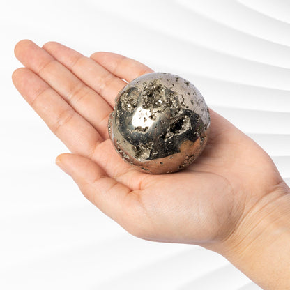 Pyrite Sphere with Stand, Polished Golden Crystal Ball, Natural Mineral Specimen, Druzy Inclusions, Craft Supply, Crystal Gift