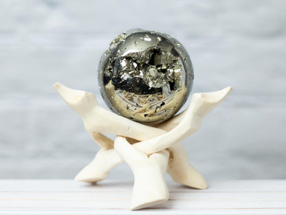 Pyrite Sphere with Stand, Polished Golden Crystal Ball, Natural Mineral Specimen, Druzy Inclusions, Craft Supply, Crystal Gift