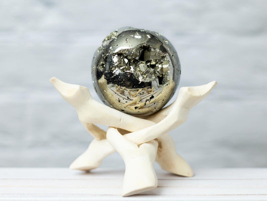 Pyrite Sphere with Stand, Polished Golden Crystal Ball, Natural Mineral Specimen, Druzy Inclusions, Craft Supply, Crystal Gift