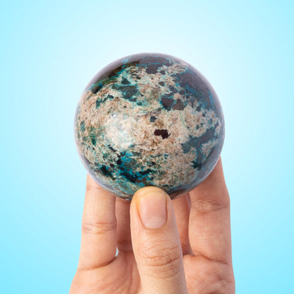 Chrysocolla Sphere with Stand, Natural Polished Crystal Ball, Sphere Decor, Crystal Gift, 2.5 Inch