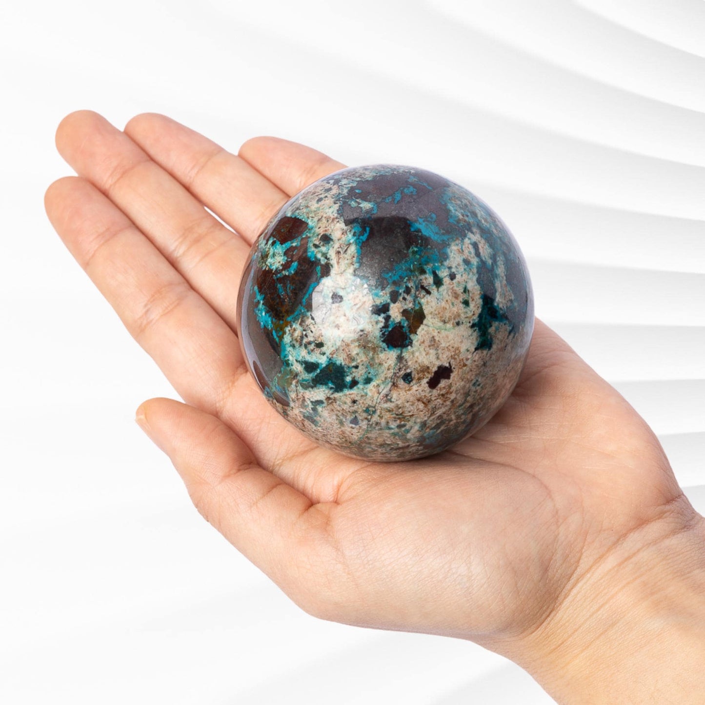 Chrysocolla Sphere with Stand, Natural Polished Crystal Ball, Sphere Decor, Crystal Gift, 2.5 Inch