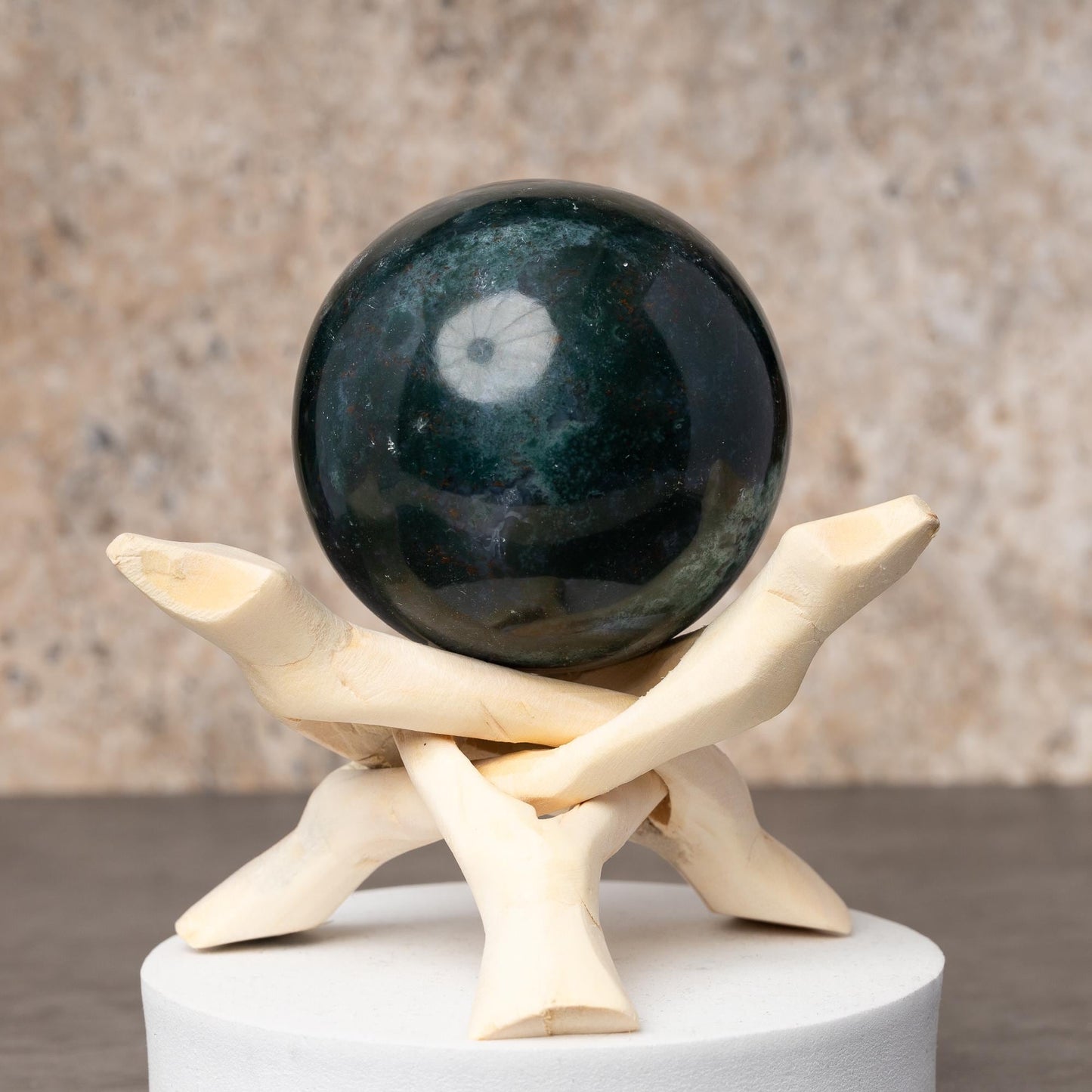 Moss Agate Sphere with Stand, Polished Crystal Ball, Natural Stone Specimen, Sphere Decor, Crystal Gift, Choose Size