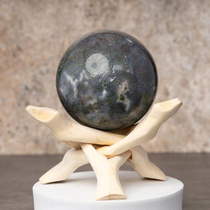 Moss Agate Sphere with Stand, Polished Crystal Ball, Natural Stone Specimen, Sphere Decor, Crystal Gift, Choose Size
