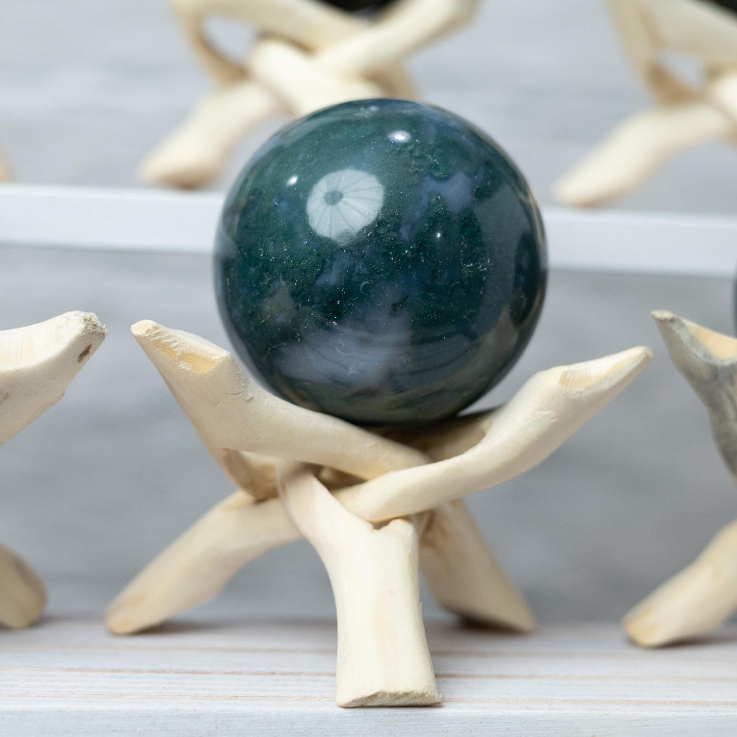 Moss Agate Sphere with Stand, Polished Crystal Ball, Natural Stone Specimen, Sphere Decor, Crystal Gift, Choose Size