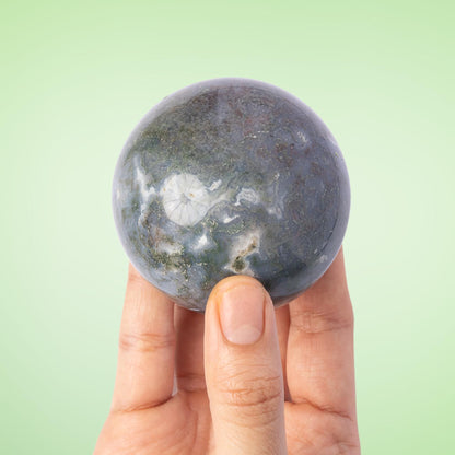 Moss Agate Sphere with Stand, Polished Crystal Ball, Natural Stone Specimen, Sphere Decor, Crystal Gift, Choose Size