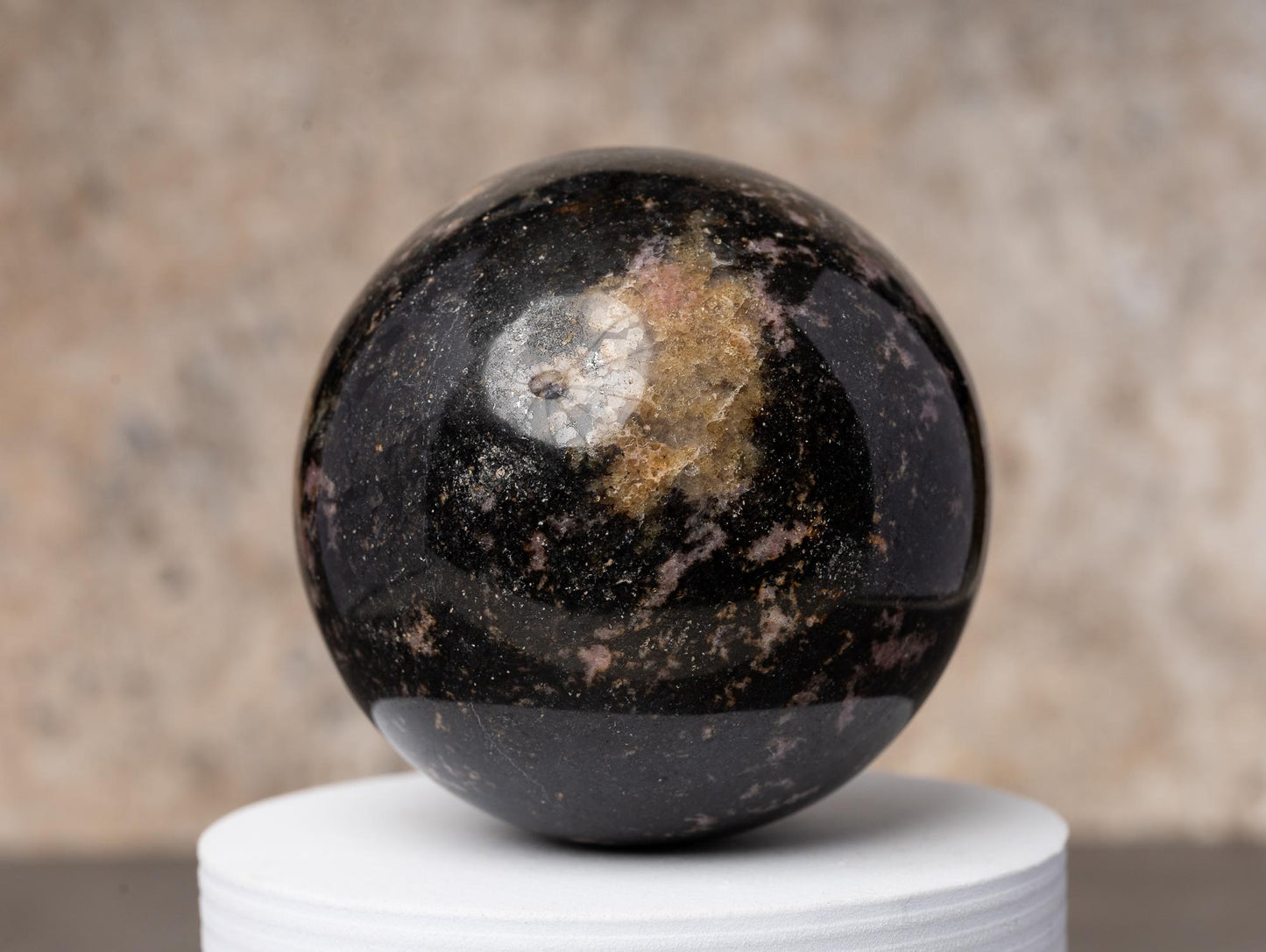 Rhodonite Sphere with Stand, Pink and Black Crystal Ball, Natural Stone Specimen, Sphere Decor, Crystal Gift