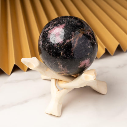 Rhodonite Sphere with Stand, Pink and Black Crystal Ball, Natural Stone Specimen, Sphere Decor, Crystal Gift