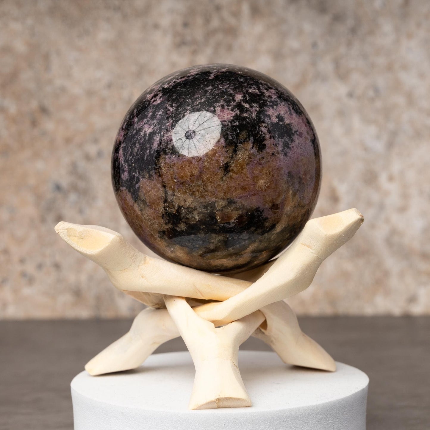 Rhodonite Sphere with Stand, Pink and Black Crystal Ball, Natural Stone Specimen, Sphere Decor, Crystal Gift