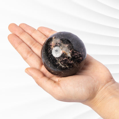 Rhodonite Sphere with Stand, Pink and Black Crystal Ball, Natural Stone Specimen, Sphere Decor, Crystal Gift
