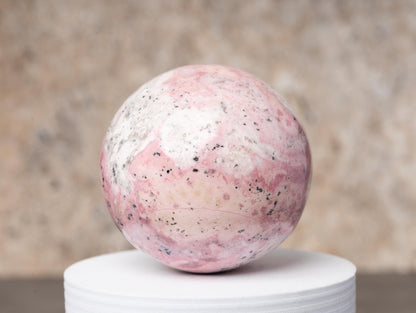 Rhodonite Sphere with Stand, Pink and White Crystal Ball, Natural Stone Specimen, Sphere Decor, Crystal Gift