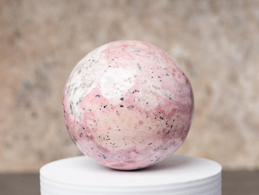 Rhodonite Sphere with Stand, Pink and White Crystal Ball, Natural Stone Specimen, Sphere Decor, Crystal Gift