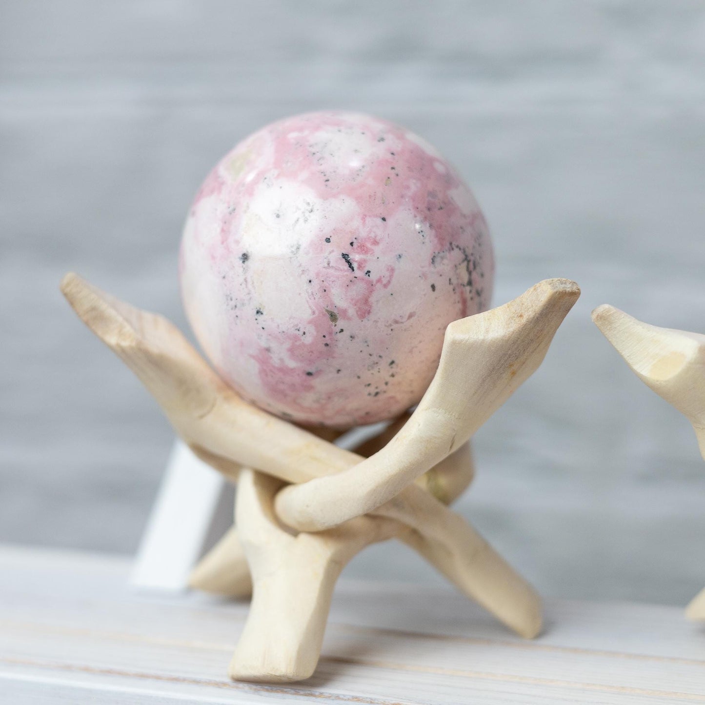 Rhodonite Sphere with Stand, Pink and White Crystal Ball, Natural Stone Specimen, Sphere Decor, Crystal Gift
