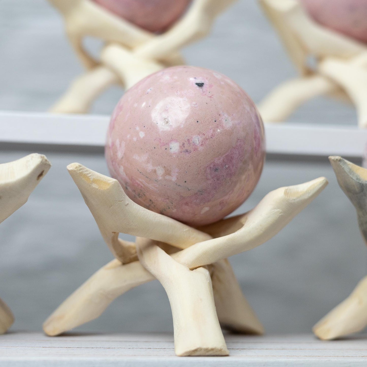 Rhodonite Sphere with Stand, Pink and White Crystal Ball, Natural Stone Specimen, Sphere Decor, Crystal Gift