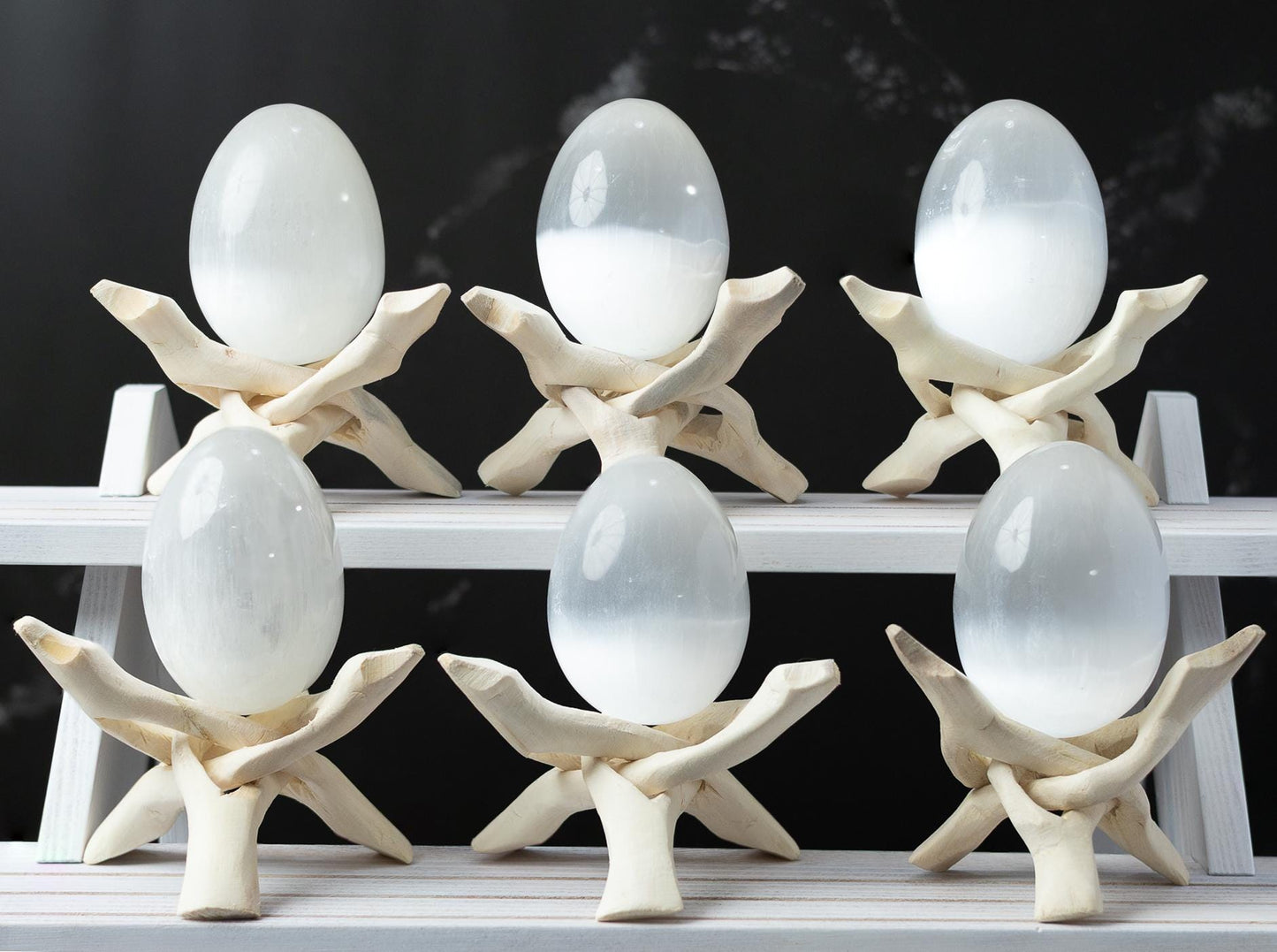Selenite Egg with Wooden Stand Tripod, Polished White Crystal Charging Stone for Meditation, Reiki, Altar Decor, Display, Home & Office Gift