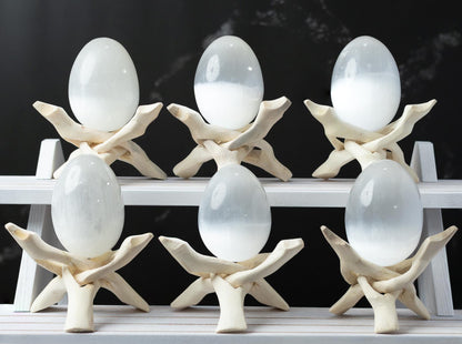 Selenite Egg with Wooden Stand Tripod, Polished White Crystal Charging Stone for Meditation, Reiki, Altar Decor, Display, Home & Office Gift