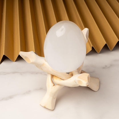 Selenite Egg with Wooden Stand Tripod, Polished White Crystal Charging Stone for Meditation, Reiki, Altar Decor, Display, Home & Office Gift