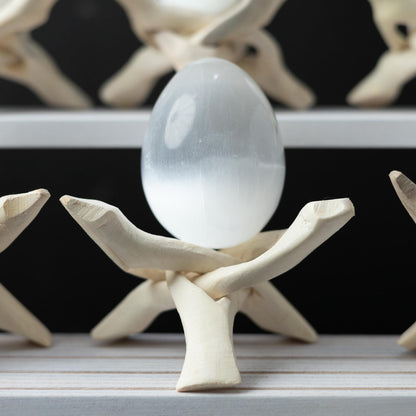 Selenite Egg with Wooden Stand Tripod, Polished White Crystal Charging Stone for Meditation, Reiki, Altar Decor, Display, Home & Office Gift