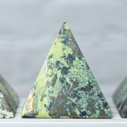 Serpentine with Pyrite Pyramid, Polished Serpentine Crystal Pyramid, Natural Stone Specimen, Crystal Decor & Gift