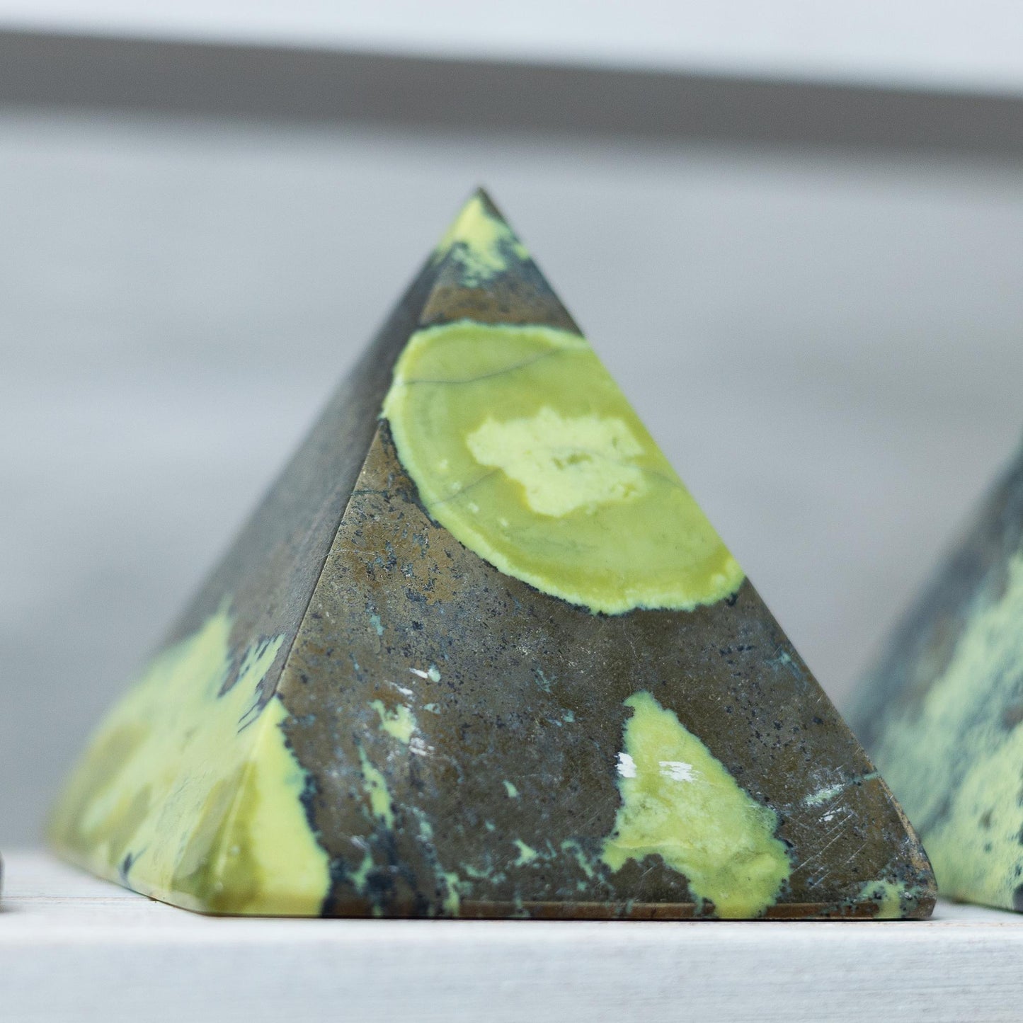 Serpentine with Pyrite Pyramid, Polished Serpentine Crystal Pyramid, Natural Stone Specimen, Crystal Decor & Gift