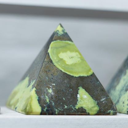 Serpentine with Pyrite Pyramid, Polished Serpentine Crystal Pyramid, Natural Stone Specimen, Crystal Decor & Gift