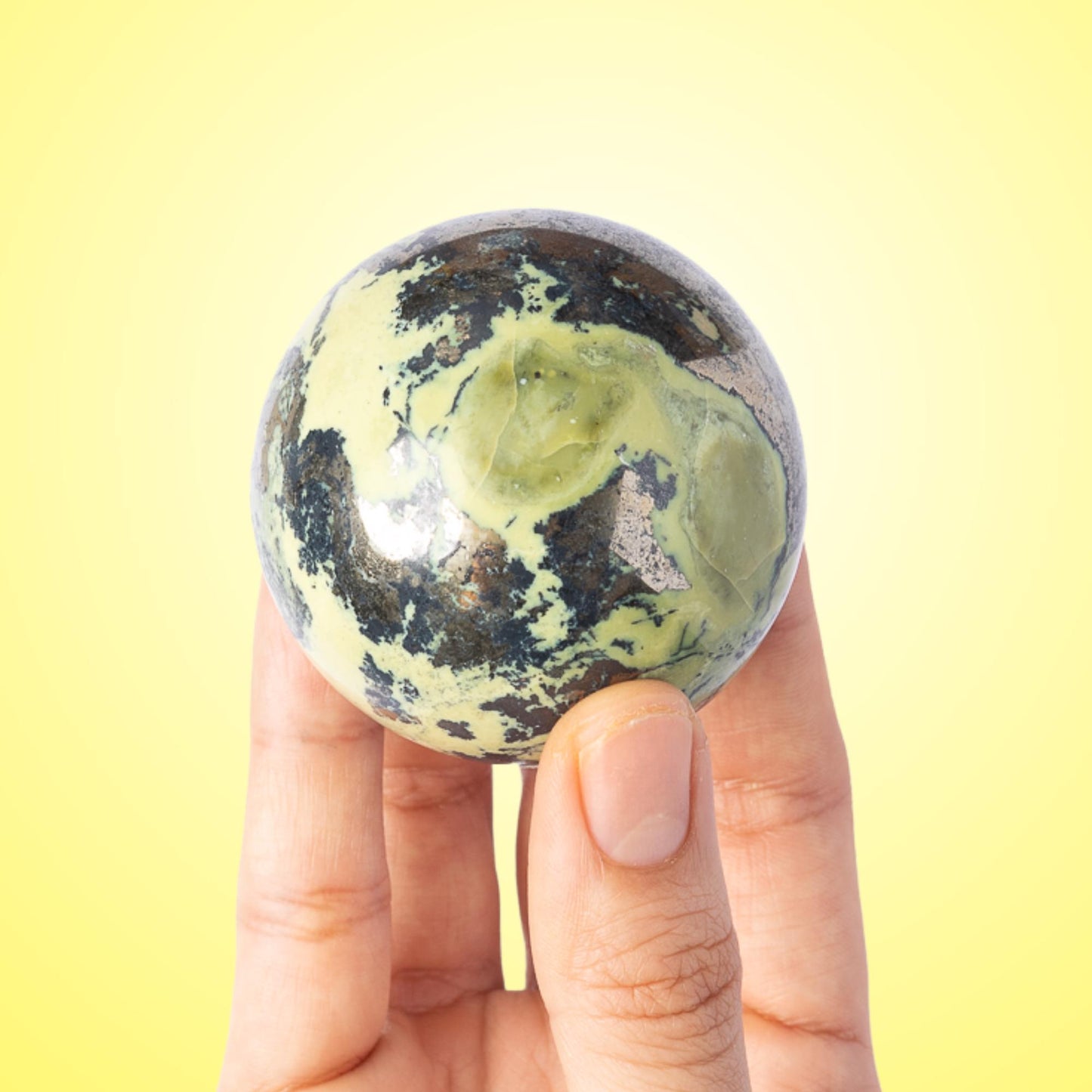 Serpentine with Pyrite Sphere with Wooden Stand, Polished Serpentine Crystal Ball, Natural Stone Specimen, Crystal Decor & Gift, Choose Size