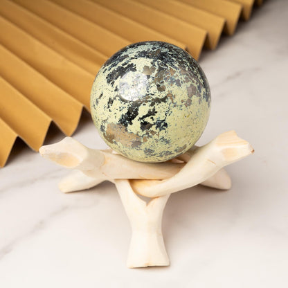 Serpentine with Pyrite Sphere with Wooden Stand, Polished Serpentine Crystal Ball, Natural Stone Specimen, Crystal Decor & Gift, Choose Size
