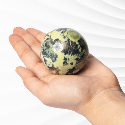 Serpentine with Pyrite Sphere with Wooden Stand, Polished Serpentine Crystal Ball, Natural Stone Specimen, Crystal Decor & Gift, Choose Size
