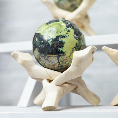 Serpentine with Pyrite Sphere with Wooden Stand, Polished Serpentine Crystal Ball, Natural Stone Specimen, Crystal Decor & Gift, Choose Size