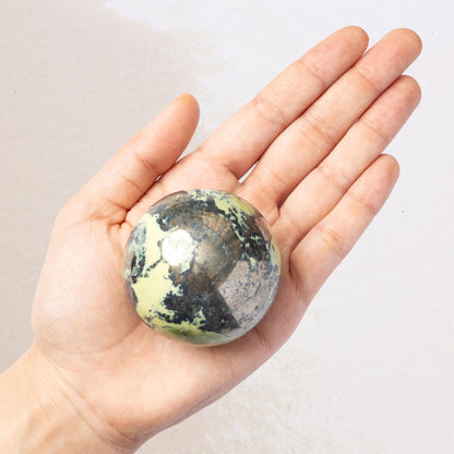 Serpentine with Pyrite Sphere with Wooden Stand, Polished Serpentine Crystal Ball, Natural Stone Specimen, Crystal Decor & Gift, Choose Size