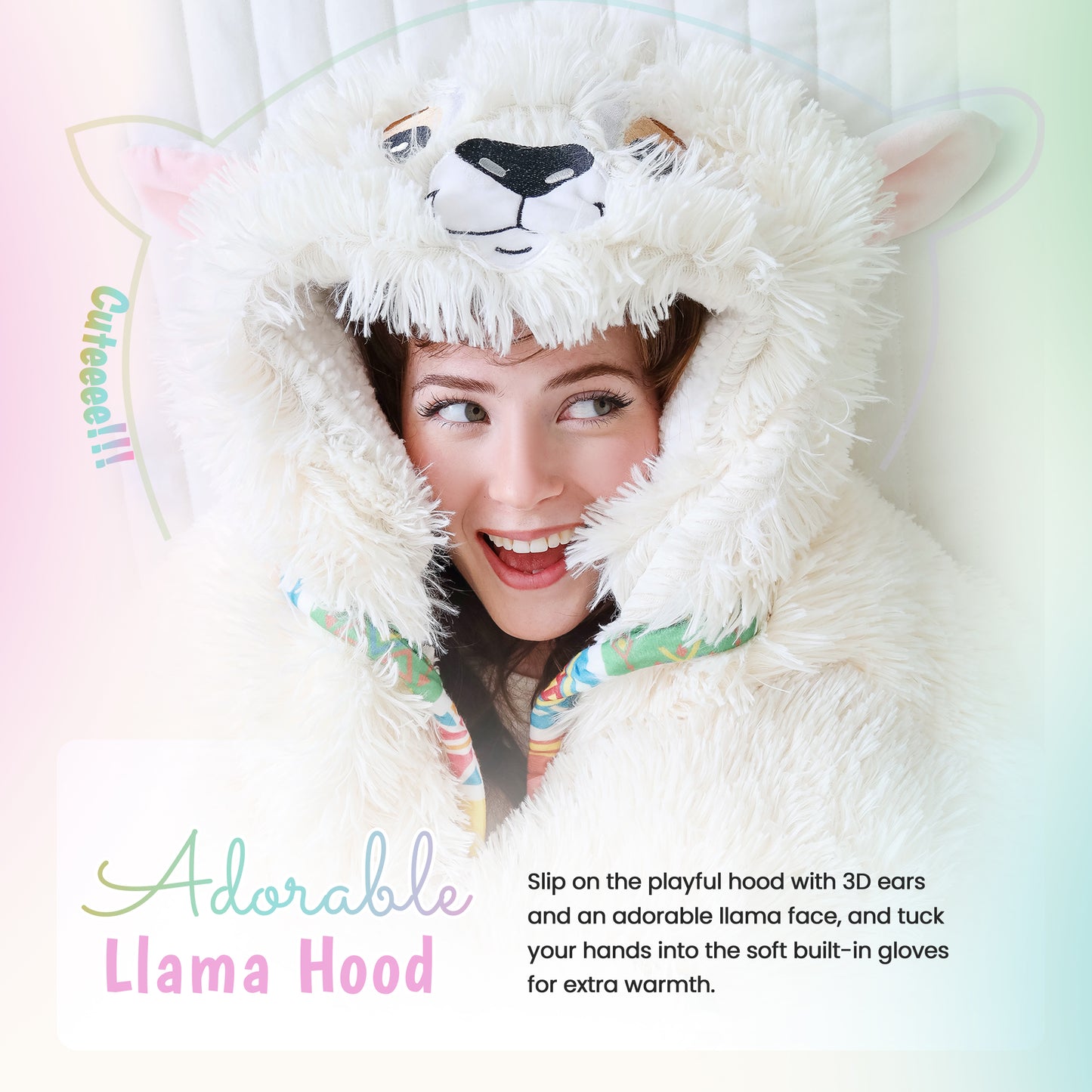 Llama Wearable Hooded Blanket - Cozy Oversized Blanket Hoodie with Claws Hand Gloves - Plush Flurry Fleece & Sherpa Hoodie - Gift for Women, Adults, and Kids