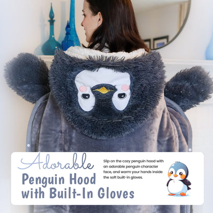 Penguin Wearable Hooded Blanket - Warm & Cozy Oversized Blanket Hoodie with Hand Gloves- Penguin Hoodie Blanket Gift for Women, Adults, Kids