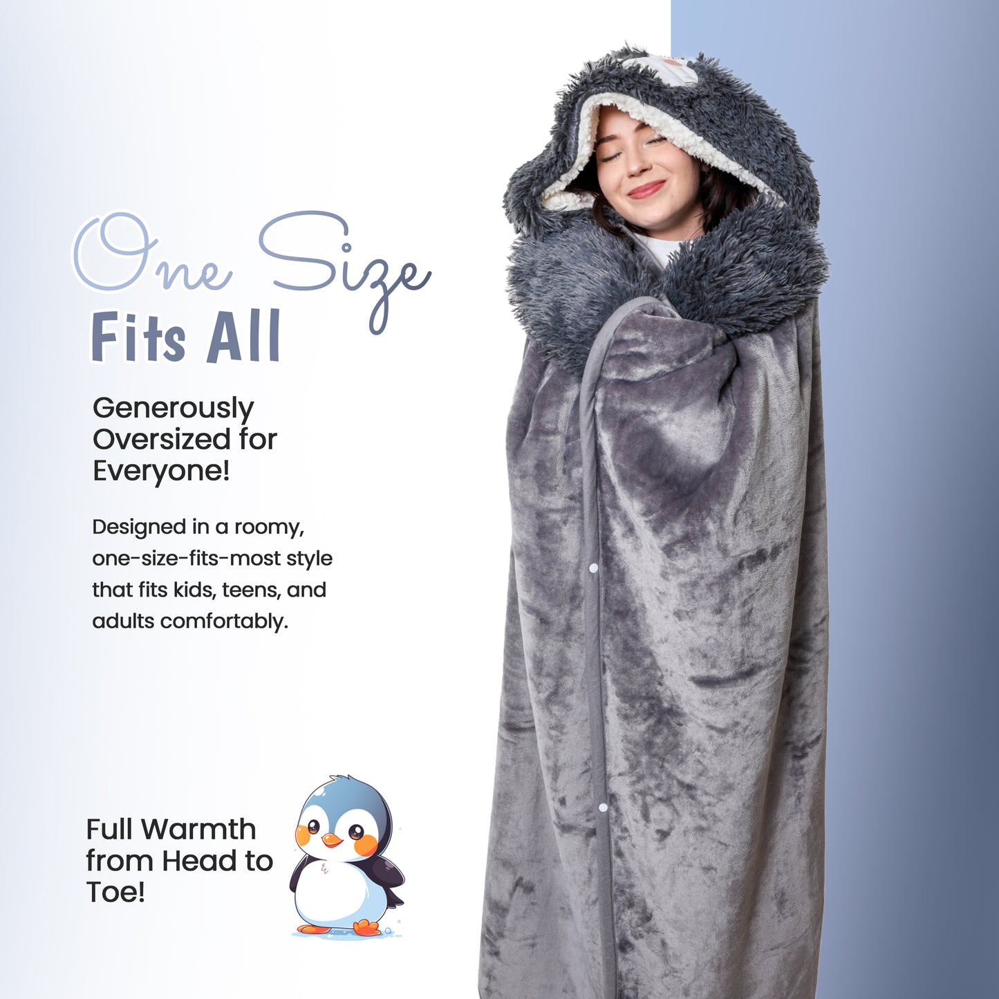 Penguin Wearable Hooded Blanket - Warm & Cozy Oversized Blanket Hoodie with Hand Gloves- Penguin Hoodie Blanket Gift for Women, Adults, Kids