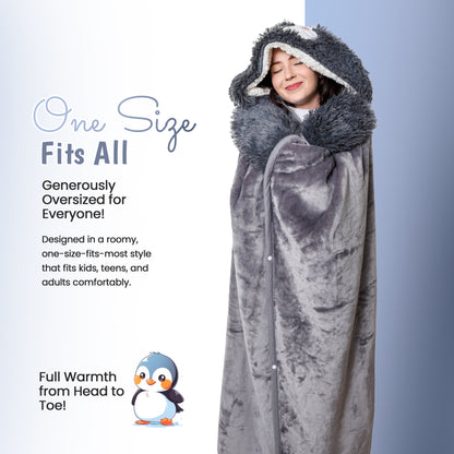 Penguin Wearable Hooded Blanket - Warm & Cozy Oversized Blanket Hoodie with Hand Gloves- Penguin Hoodie Blanket Gift for Women, Adults, Kids