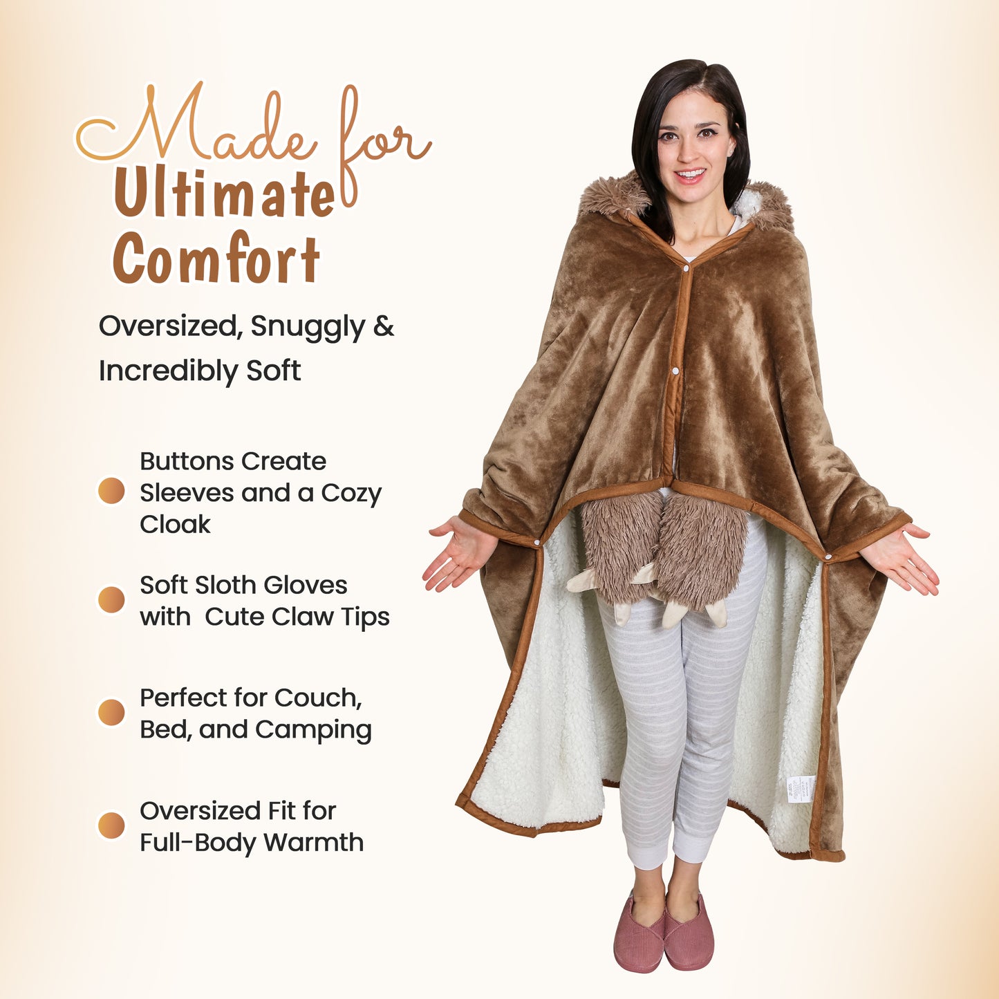 Sloth Wearable Hooded Blanket with Pendant Necklace - Cozy Oversized Blanket Hoodie with Claws Hand Gloves- Gift for Women, Adults and Kids