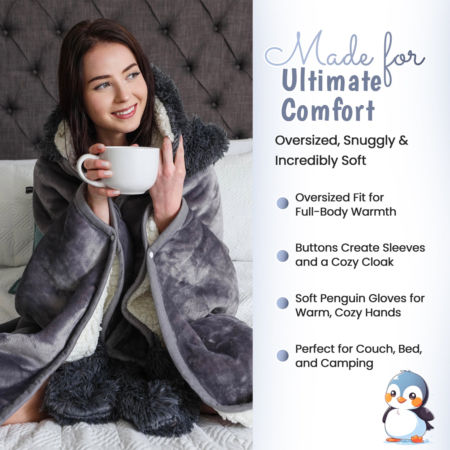Penguin Wearable Hooded Blanket - Warm & Cozy Oversized Blanket Hoodie with Hand Gloves- Penguin Hoodie Blanket Gift for Women, Adults, Kids